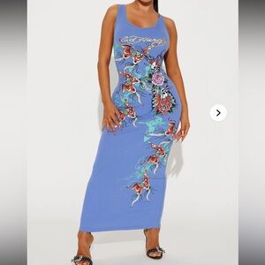 Ed Hardy Graphic Butterfly Ribbed Maxi Dress in Slate Blue Size 1X